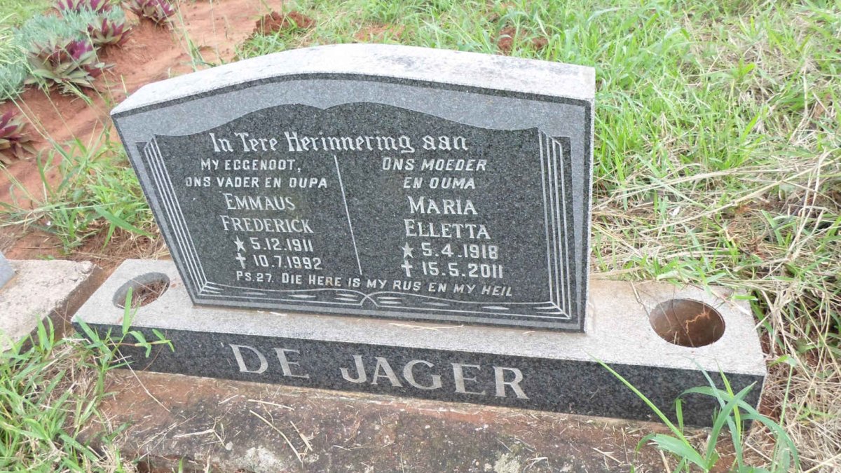 JAGER Emmaus Frederick, de 1911-1992 &amp; Maria Elletta 1918-2011