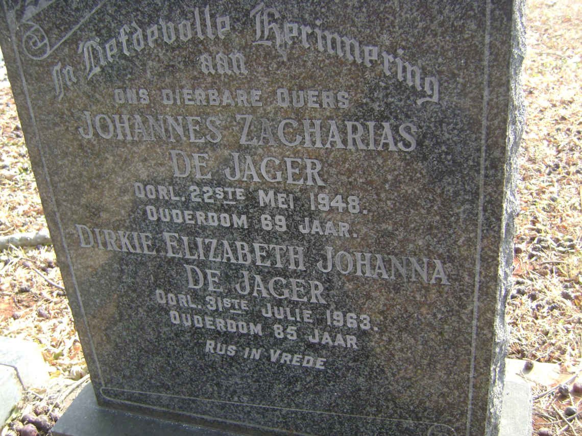 JAGER Johannes Zacharias, de -1948 &amp; Dirkie Elizabeth Johanna -1963
