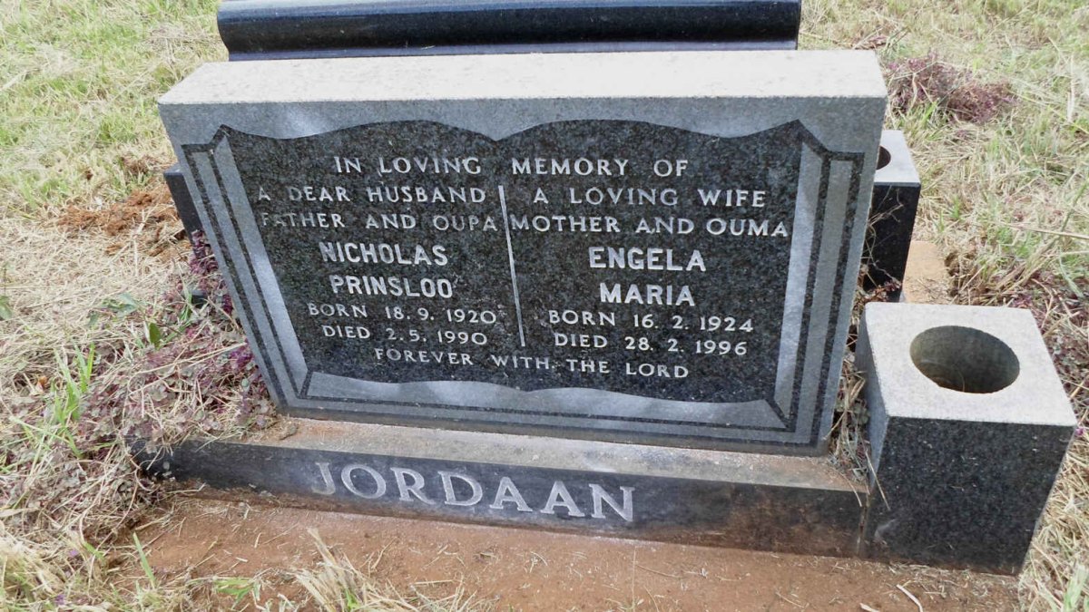 JORDAAN Nicholas Prinsloo 1920-1990 &amp; Engela Maria 1924-1996
