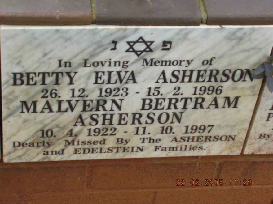ASHERSON Malvern Bertram 1922-1997 &amp; Betty Elva 1923-1996