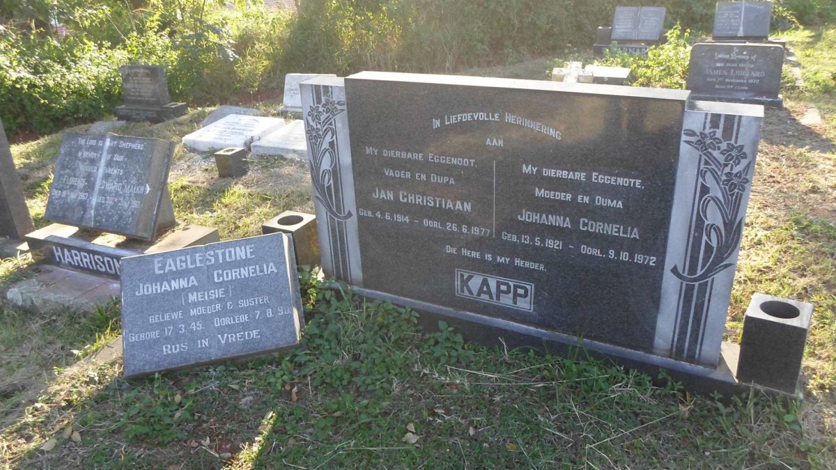 KAPP Jan Christiaan 1914-1977 &amp; Johanna Cornelia 1921-1972 :: EAGLESTONE Johanna Cornelia 1945-1990