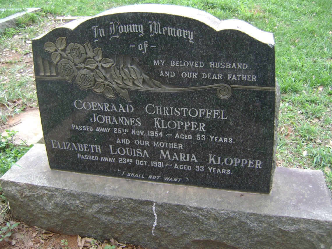 KLOPPER Coenraad Christoffel Johannes -1954 &amp; Elizabeth Louisa Maria -1991