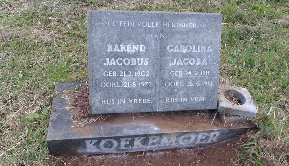 KOEKEMOER Barend Jacobus 1902-1972 &amp; Carolina Jacoba 1911-1981