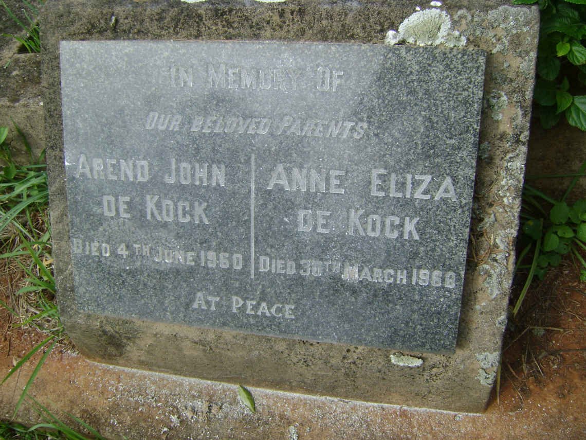 KOCK Arend John, de -1960 &amp; Anne Eliza -1968