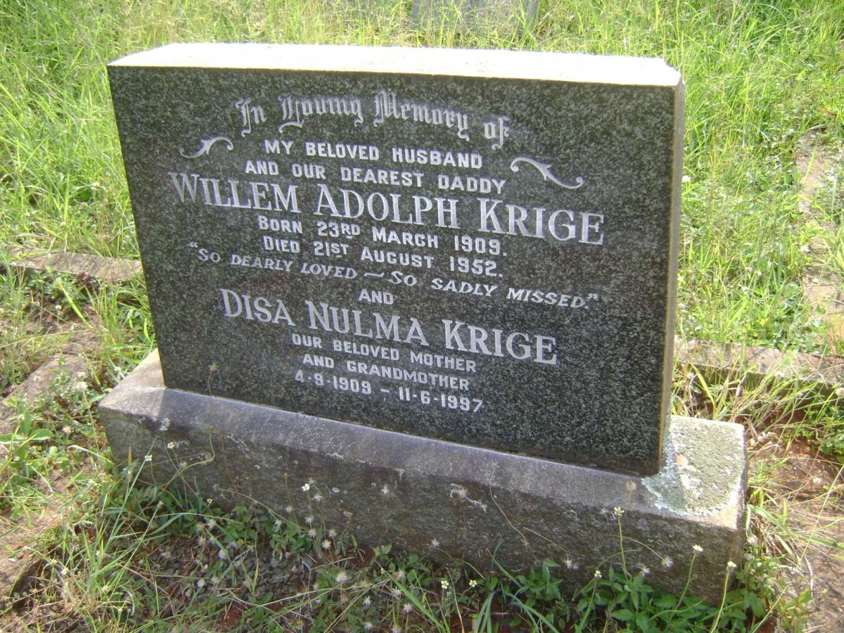 KRIGE Willem Adolph 1909-1952 &amp; Disa Nulma 1909-1997