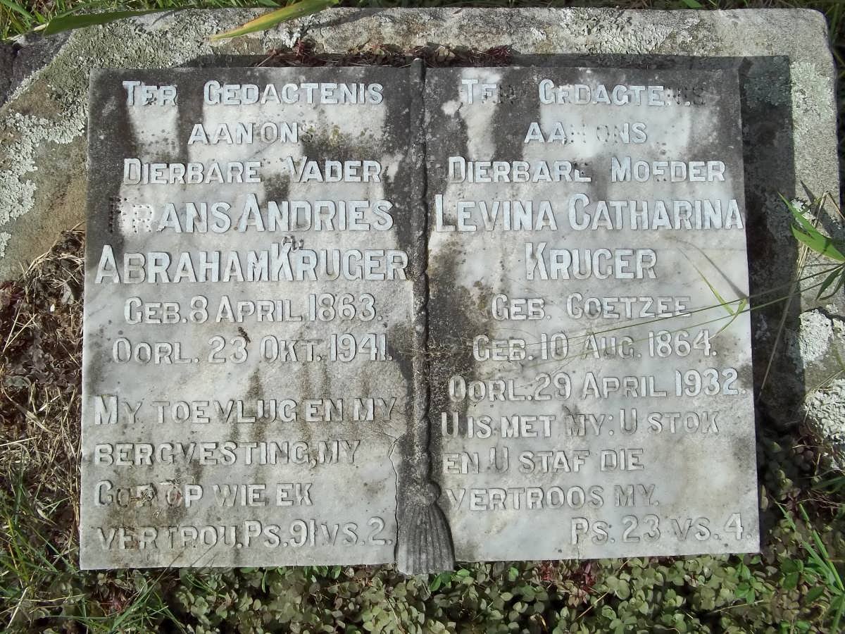 KRUGER Frans Andries Abraham 1863-1941 &amp; Levina Catharina nee COETZEE 1864-1932