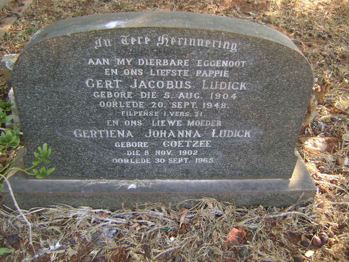 LUDICK Gert Jacobus 1904-1948 &amp; Gertiena Johanna COETZEE 1902-1965