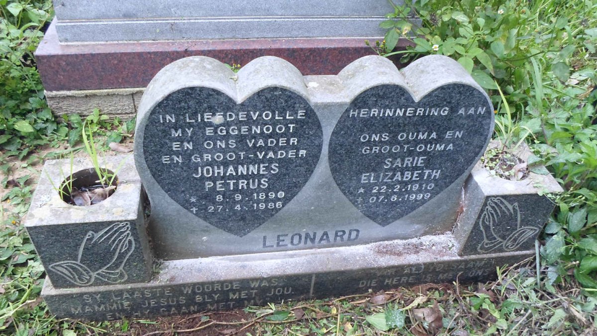 LEONARD Johannes Petrus 1890-1986 &amp; Sarie Elizabeth 1910-1999