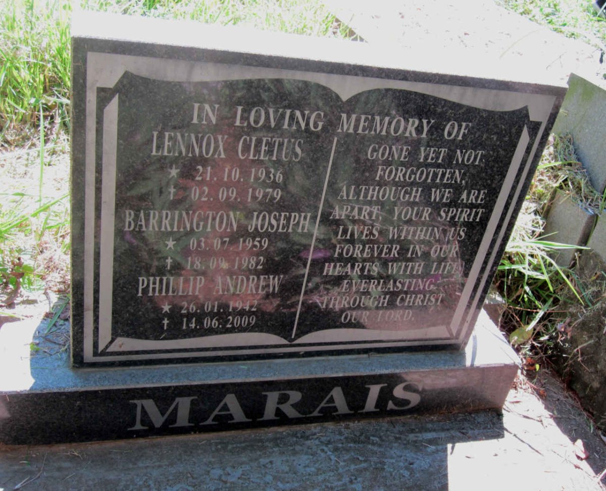 MARAIS Lennox Cletus 1936-1979 :: MARAIS Phillip Andrew 1942-2009 :: MARAIS Barrington Joseph 1959-1982