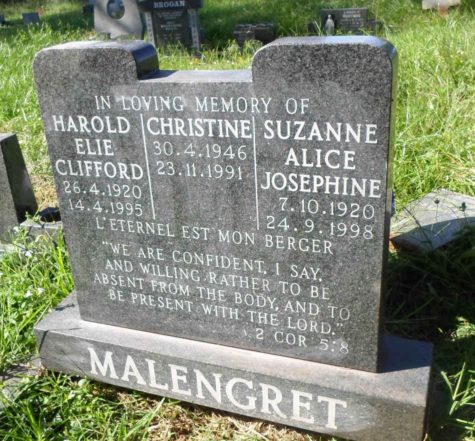 MALENGRET Harold Elie Clifford 1920-1995 &amp; Suzanne Alice Josephine 1920-1998 :: MALENGRET Christine 1946-1991