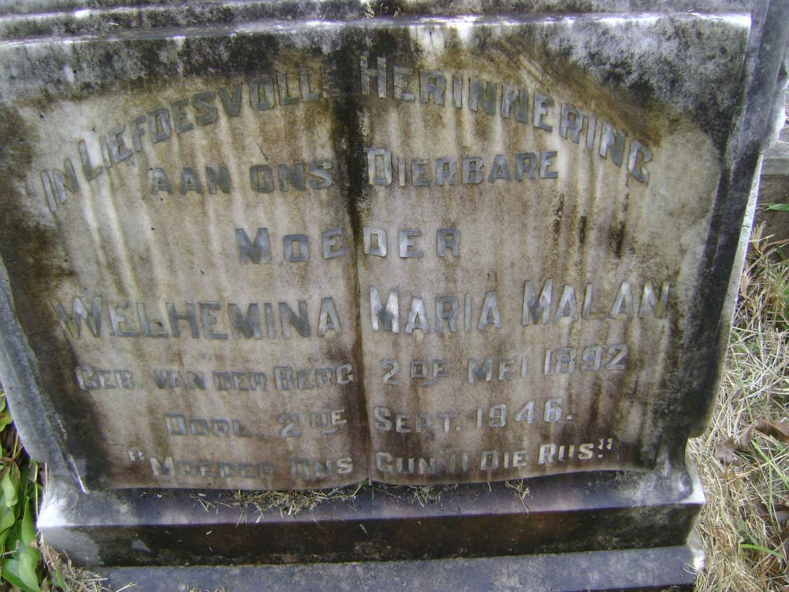 MALAN Welhemina Maria nee van der BERG 1892-1946