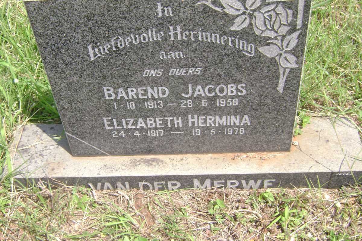 MERWE Barend Jacobs, van der 1913-1958 &amp; Elizabeth Hermina 1917-1978