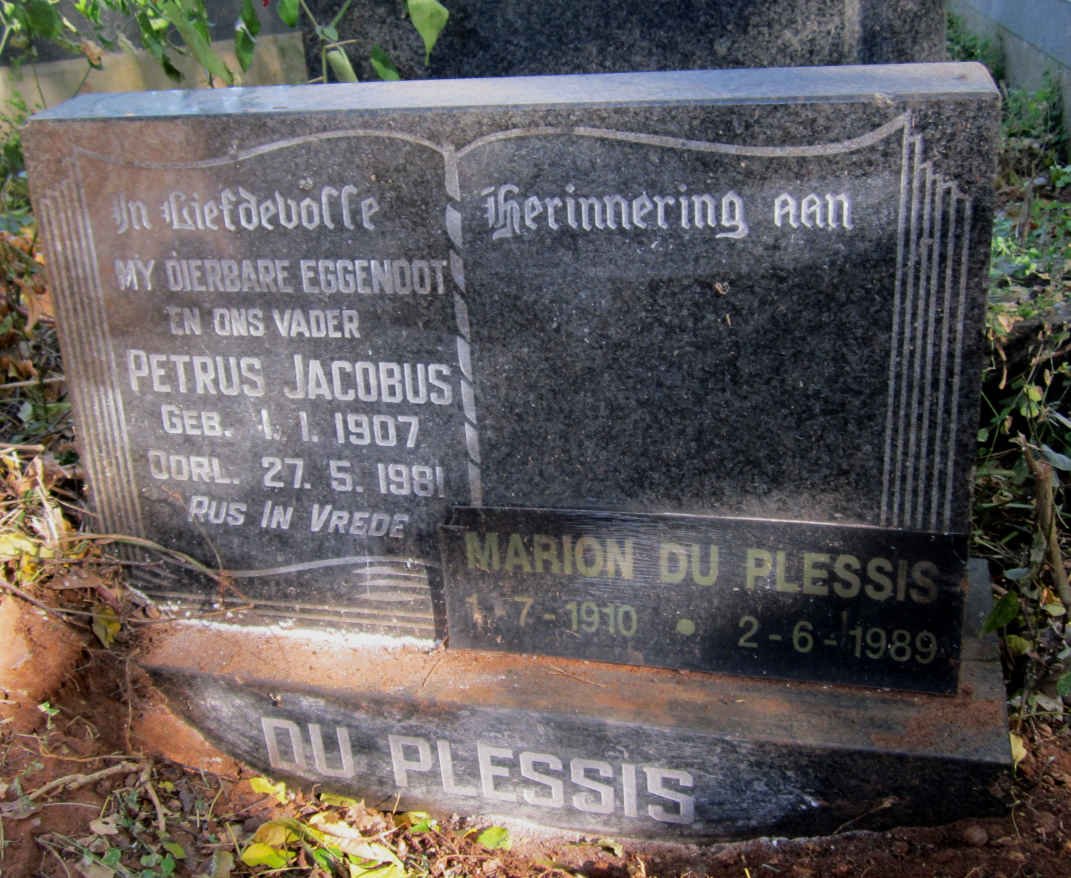 PLESSIS Petrus Jacobus, du 1907-1981 &amp; Marion 1910-1989