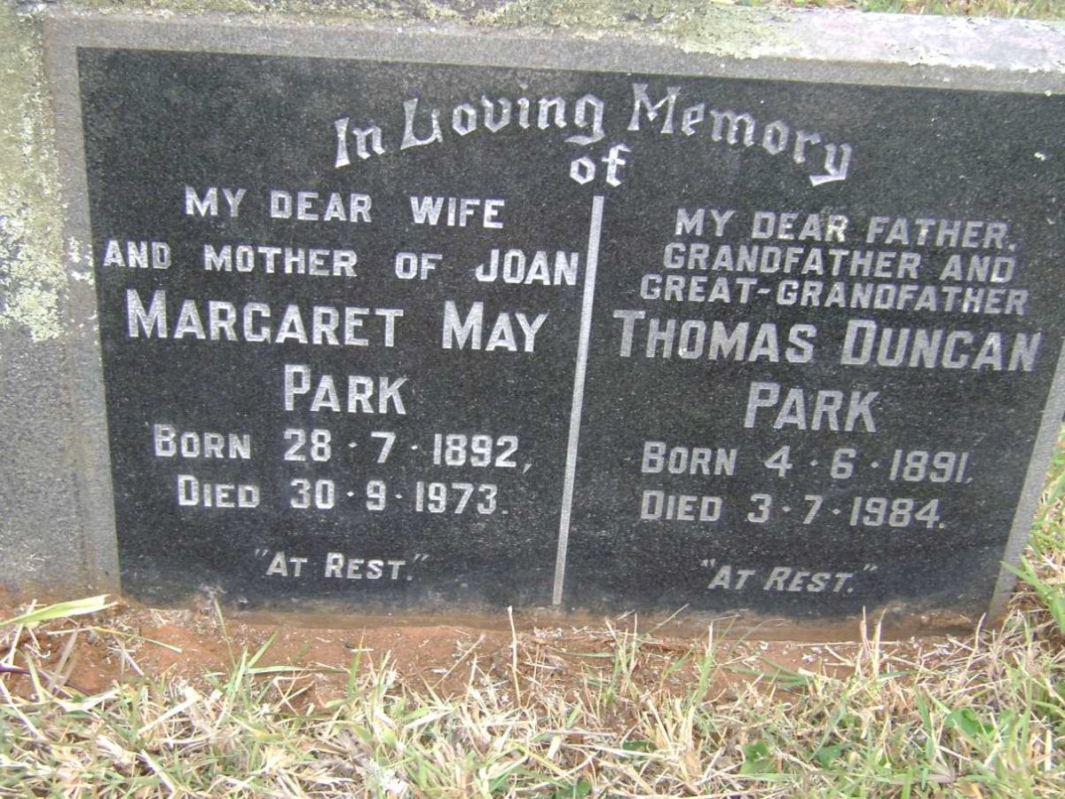 PARK Thomas Duncan 1891-1984 &amp; Margaret May 1892-1973