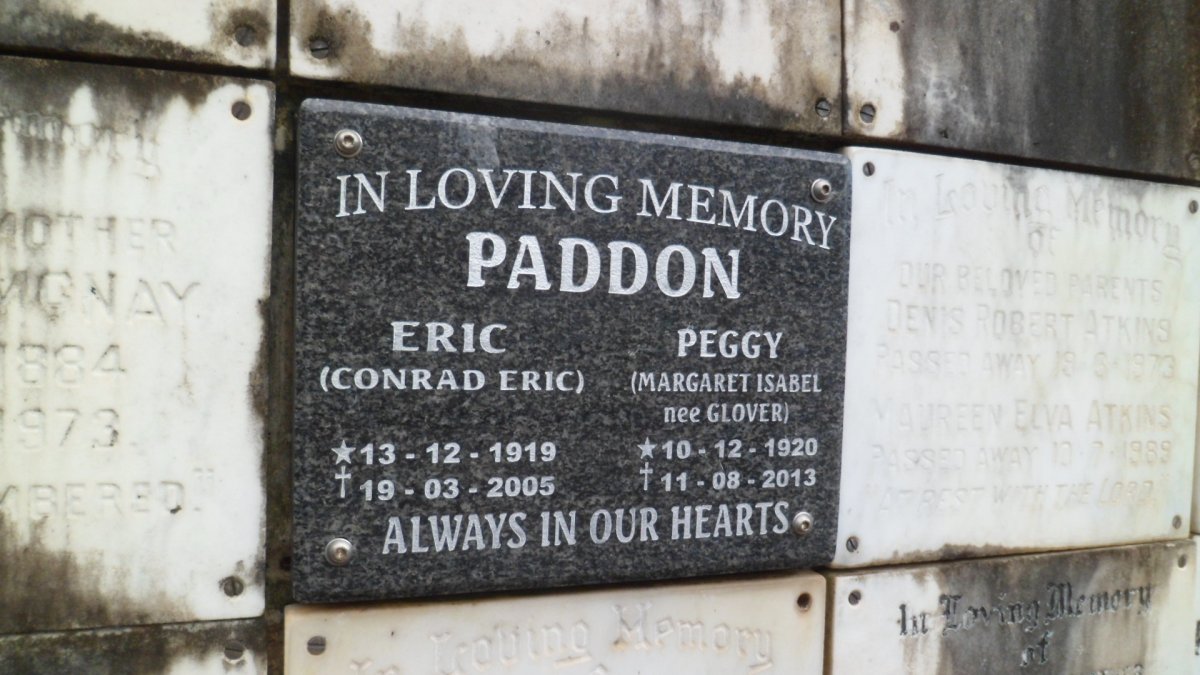PADDON Conrad Eric 1919-2005 &amp; Margaret Isabel GLOVER 1920-2013