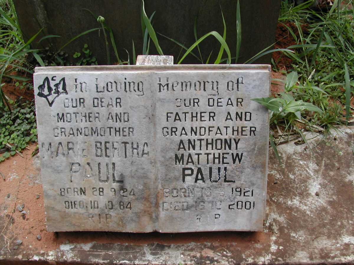 PAUL Anthony Matthew 1921-2001 &amp; Marie Bertha 1924-1984