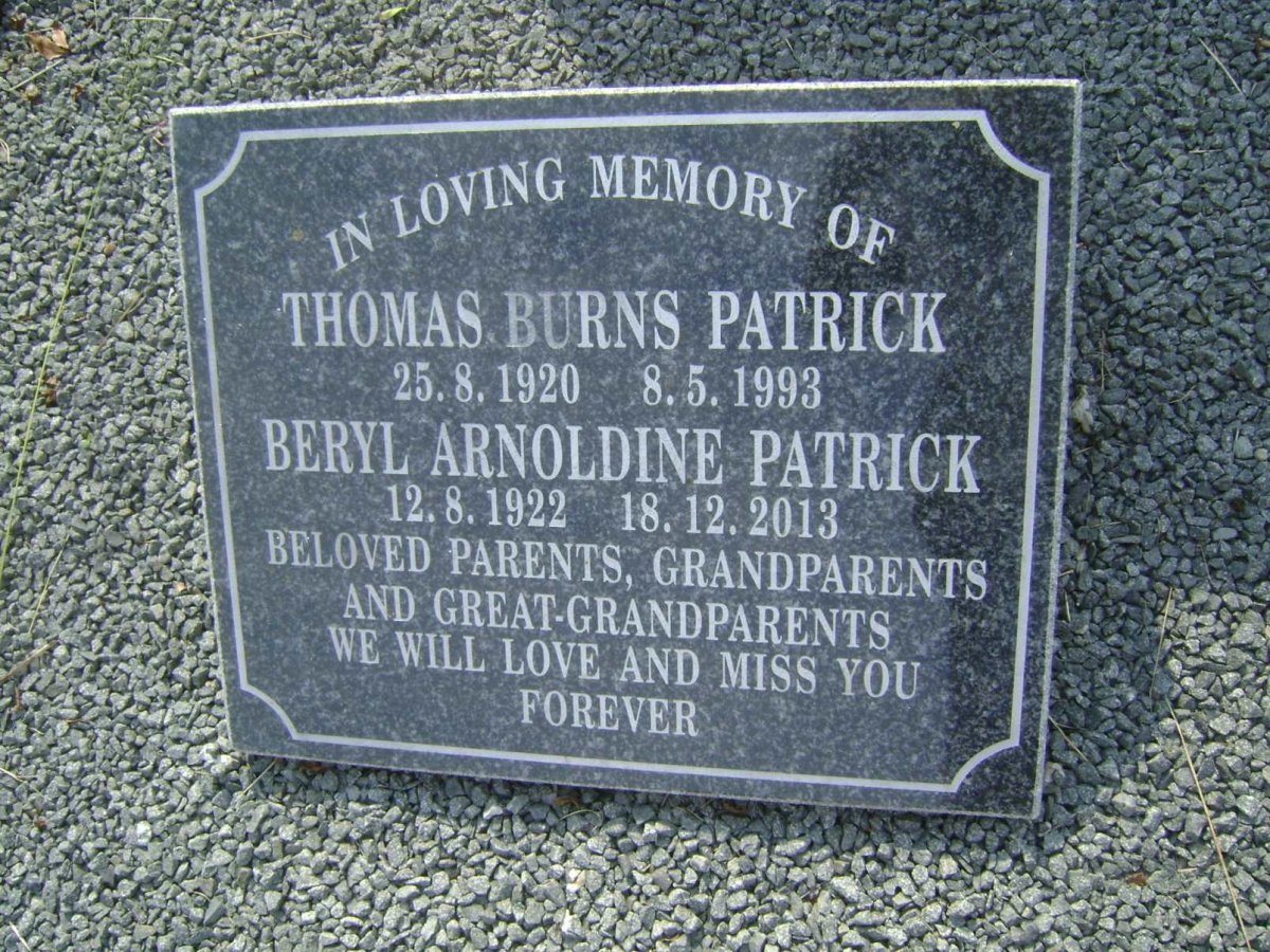 PATRICK Thomas Burns 1920-1993 &amp; Beryl Arnoldine 1922-2013