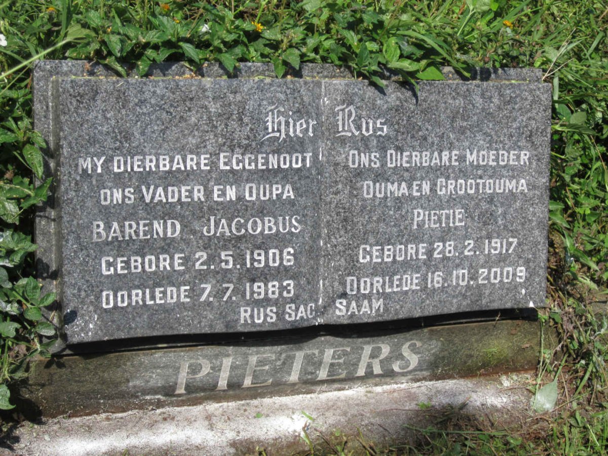 PIETERS Barend Jacobus 1906-1983 &amp; Pietie 1917-2009