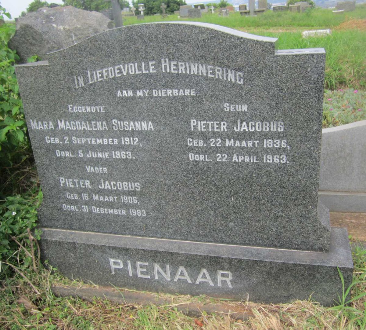 PIENAAR Pieter Jacobus 1906-1983 &amp; Mara Magdalena Susanna 1912-1963 :: PIENAAR Pieter Jacobus 1936-1963