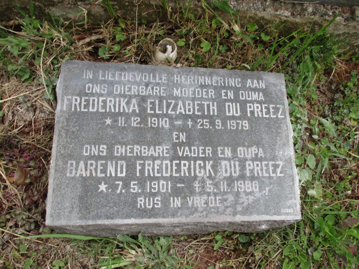 PREEZ Barend Frederick, du 1901-1986 &amp; Frederika Elizabeth 1910-1979