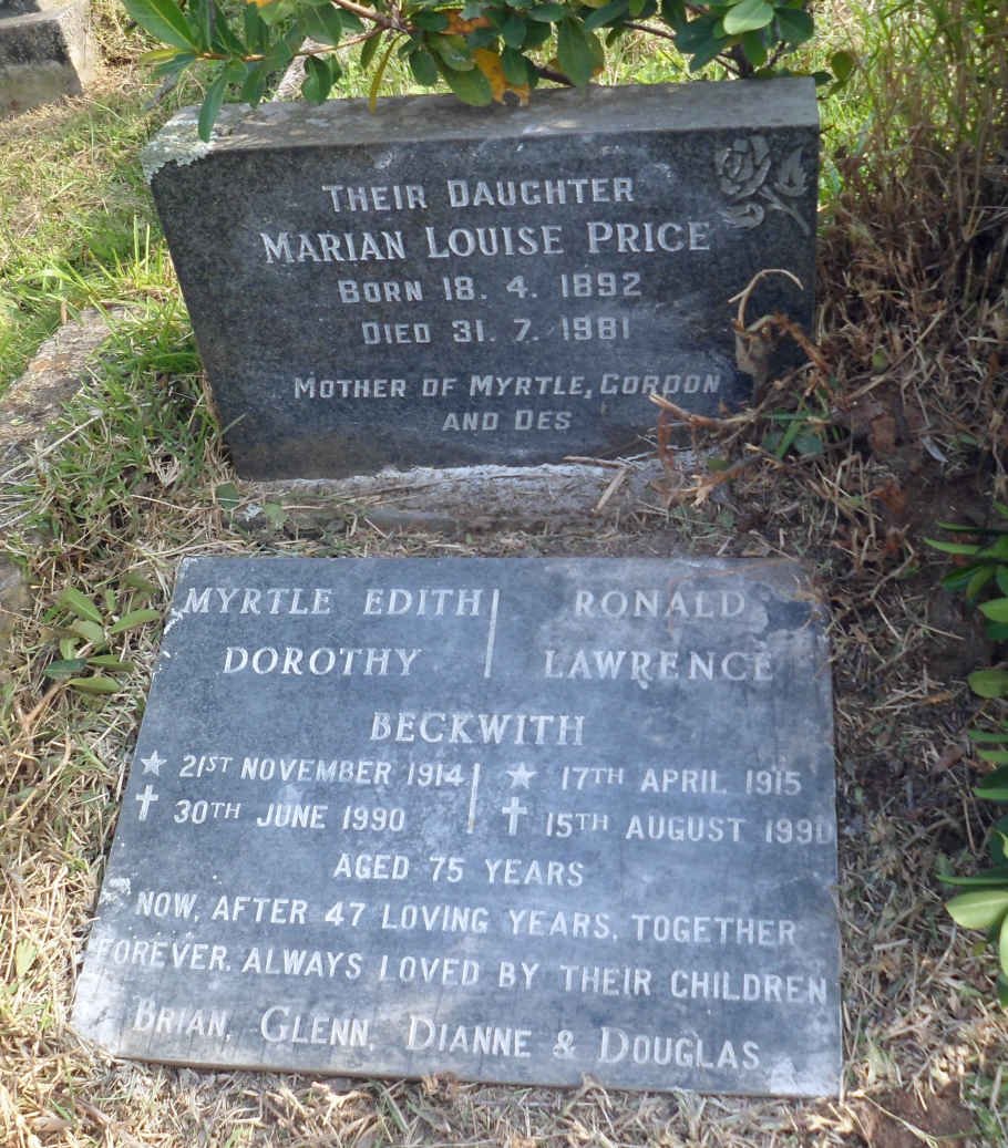 PRICE Marian Louise 1892-1981 :: BECKWITH Ronald Lawrence 1915-1990 &amp; Myrtle Edith Dorothy 1914-1990