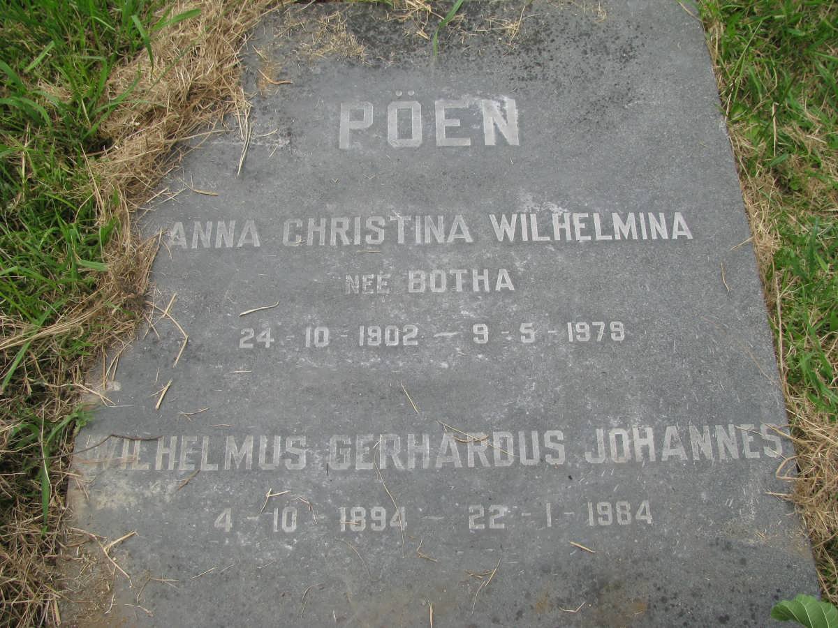 POEN Wilhelmus Gerhardus Johannes 1894-1984 &amp; Anna Christina Wilhelmina BOTHA 1902-1979