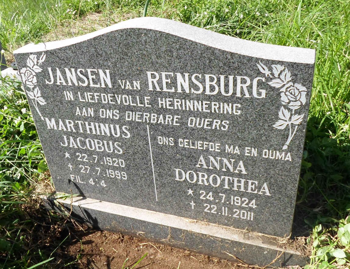 RENSBURG Marthinus Jacobus, Jansen van 1920-1999 &amp; Anna Dorothea 1924-2011