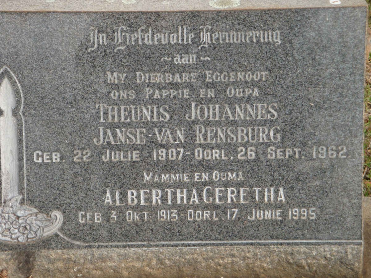 RENSBURG Theunis Johannes, Janse van 1907-1962 &amp; Albertha Geretha 1913-1995