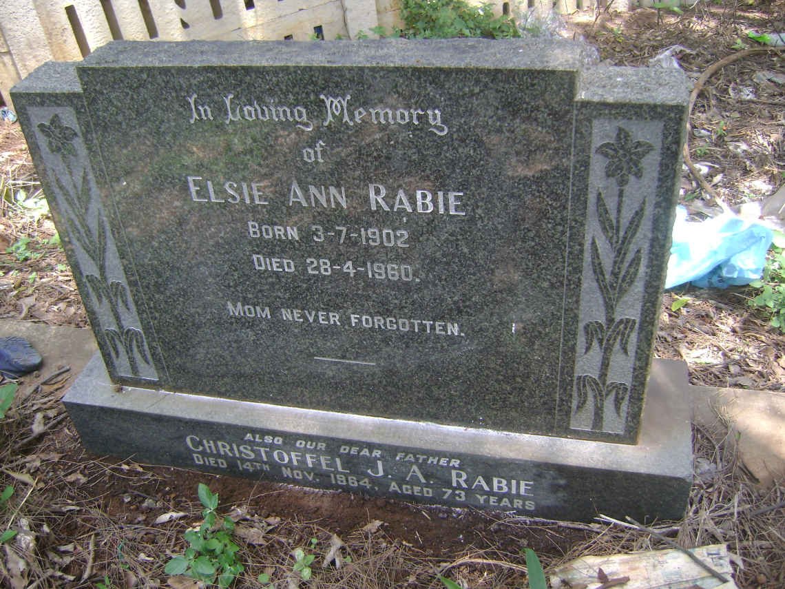 RABIE Christoffel J.A. -1964 &amp; Elsie Ann 1902-1960