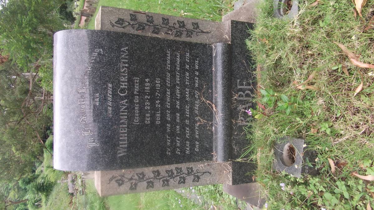 RABE Wilhelmina Christina nee DU PREEZ 1894-1961