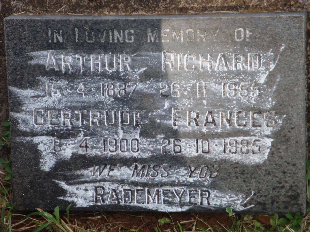 RADEMEYER Arthur Richard 1887-1955 &amp; Gertrude Frances 1900-1985