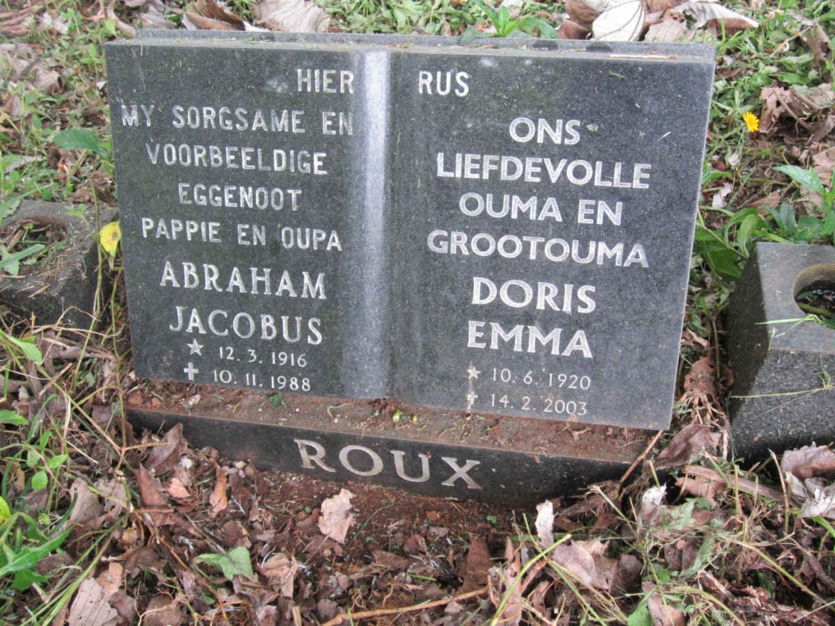 ROUX Abraham Jacobus 1916-1988 &amp; Doris Emma 1920-2003