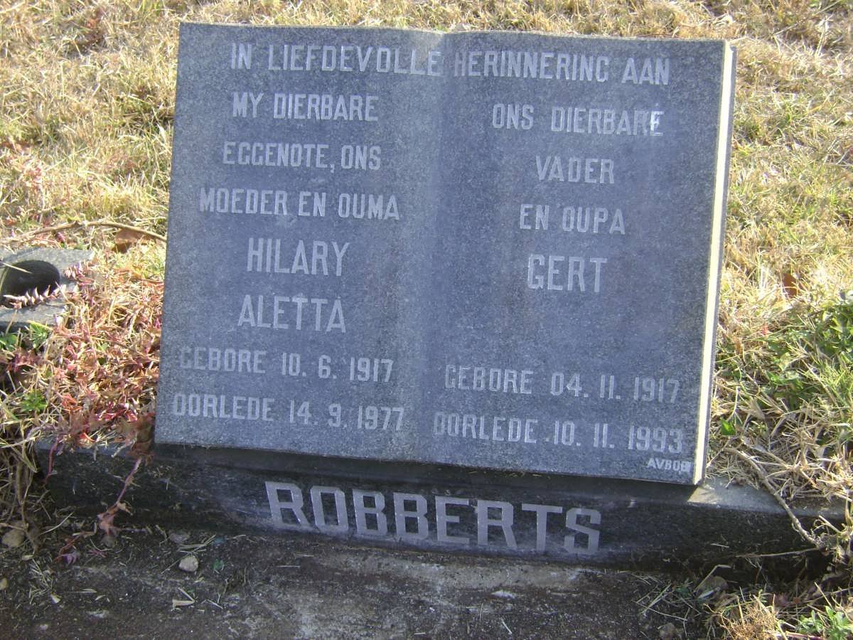 ROBBERTS Gert 1917-1993 &amp; Hilary Aletta 1917-1977