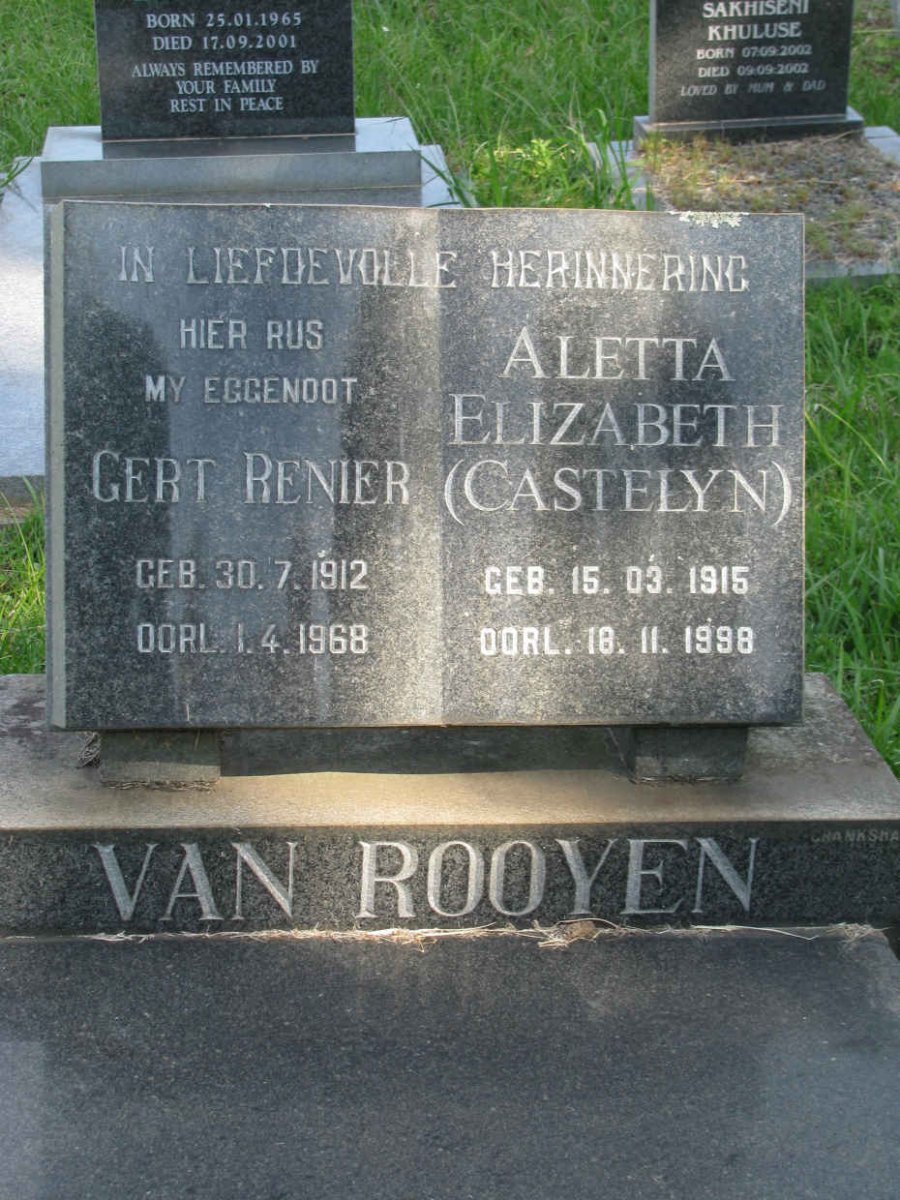 ROOYEN Gert Renier, van 1912-1968 &amp; Aletta Elizabeth CASTELYN 1915-1998