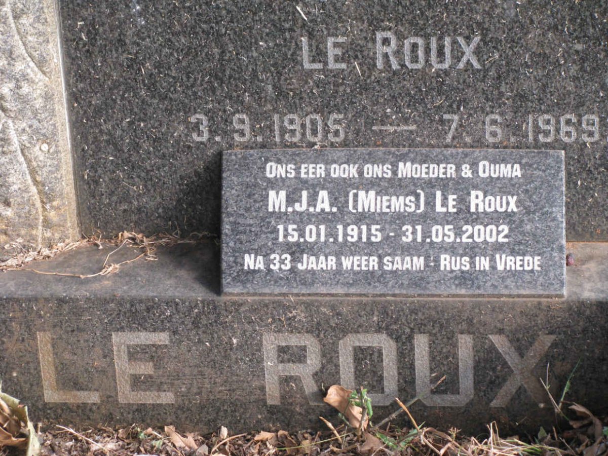 ROUX Jacobus Johannes, le 1905-1969 &amp; M.J.A. 1915-2002