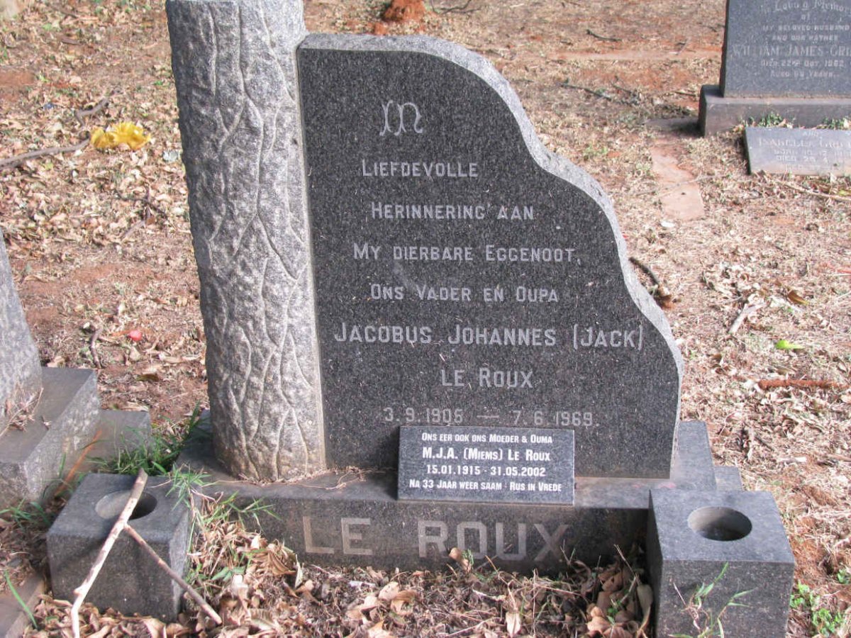 ROUX Jacobus Johannes, le 1905-1969 &amp; M.J.A. 1915-2002