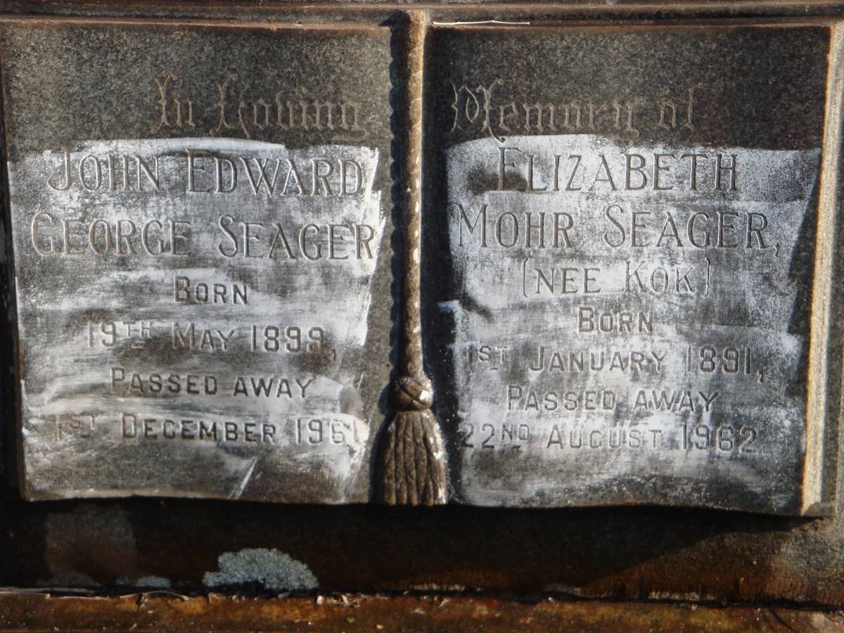 SEAGER John Edward George 1899-1961 &amp; Elizabeth Mohr KOK 1891-1962