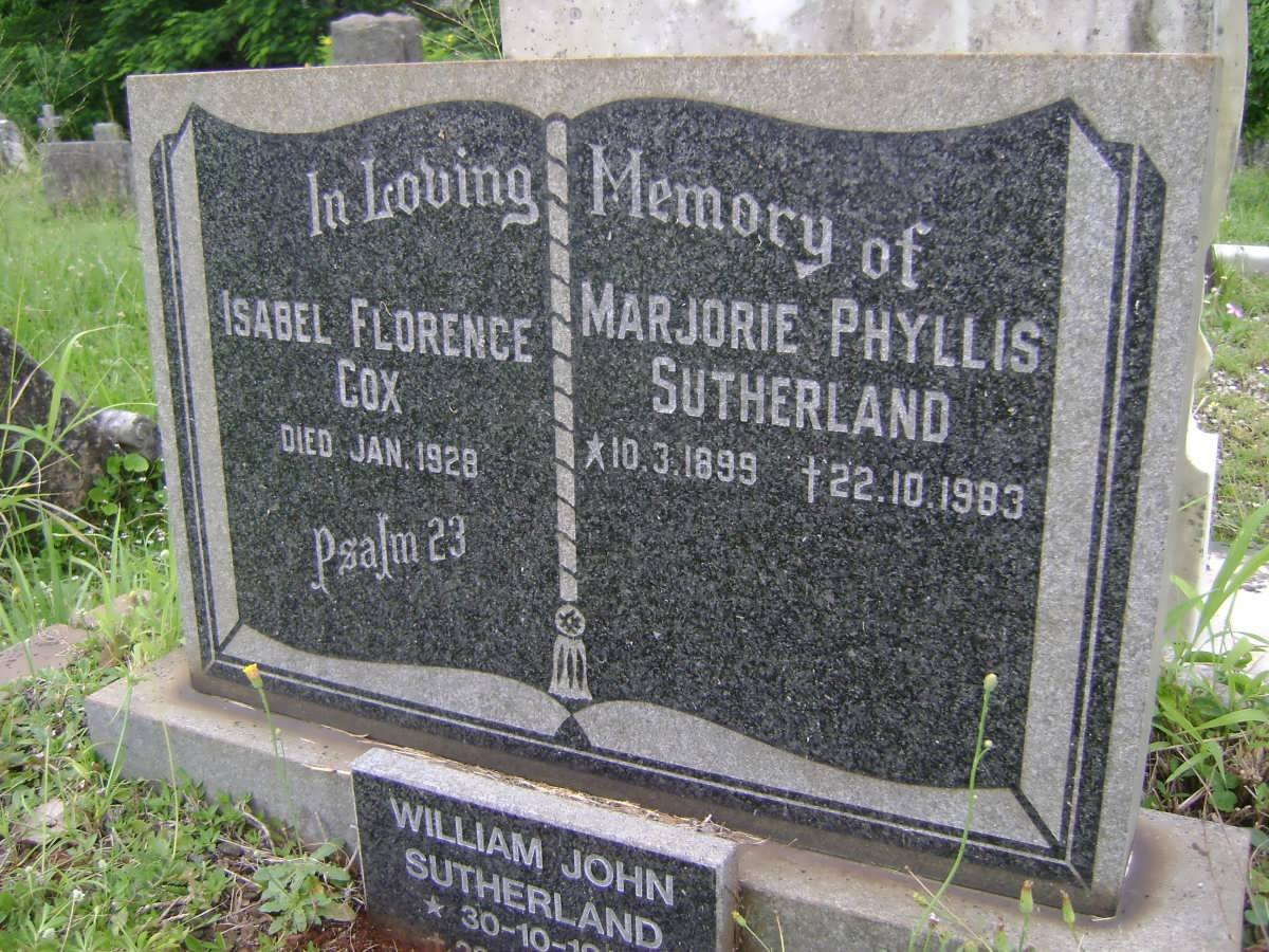 SUTHERLAND Marjorie Phyllis 1899-1983 :: SUTHERLAND William John 1916-2003 :: COX Isabel Florence -1928