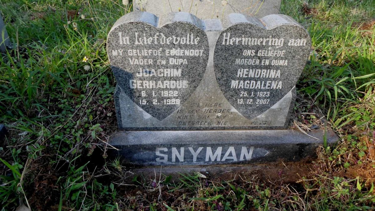 SNYMAN Joachim Gerhardus 1922-1989 &amp; Hendrina Magdalena 1923-2007