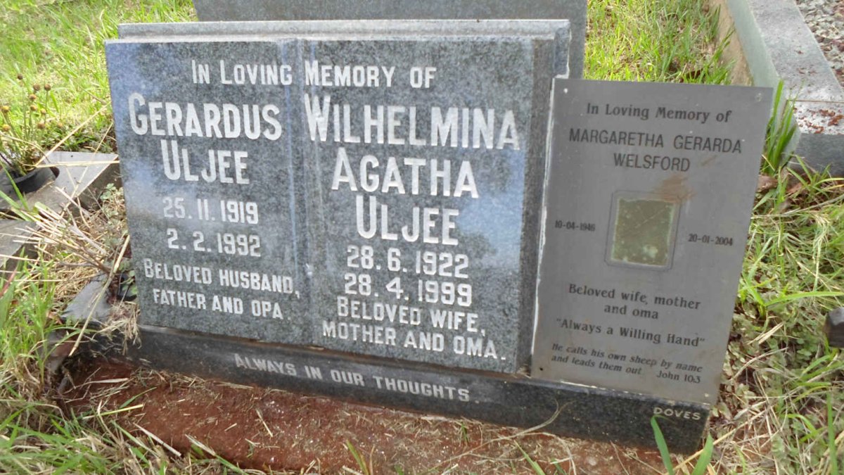 ULJEE Gerardus 1919-1992 &amp; Wilhelmina Agatha 1922-1999 :: WELSFORD Margaretha Gerarda 1946-2004
