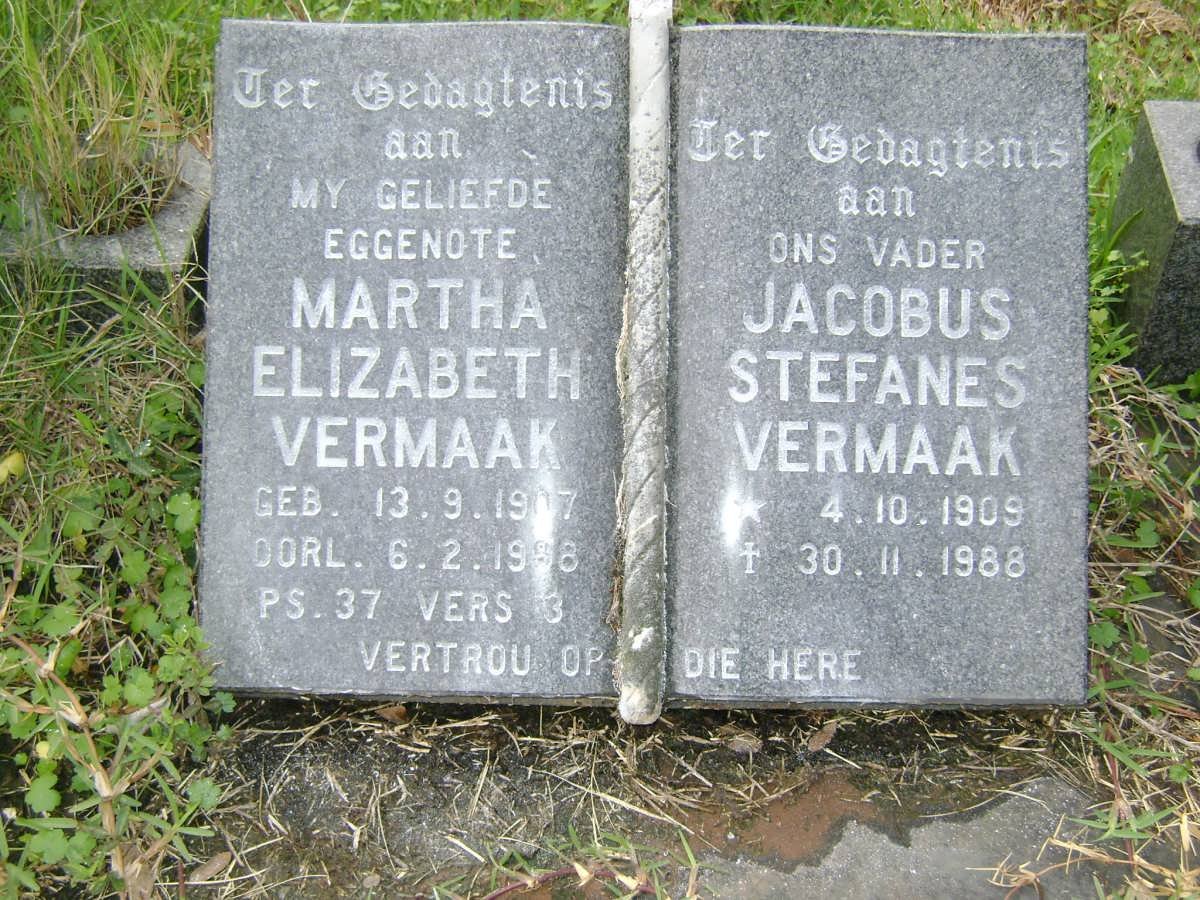 VERMAAK Jacobus Stefanes 1909-1988 &amp; Martha Elizabeth 1907-1988