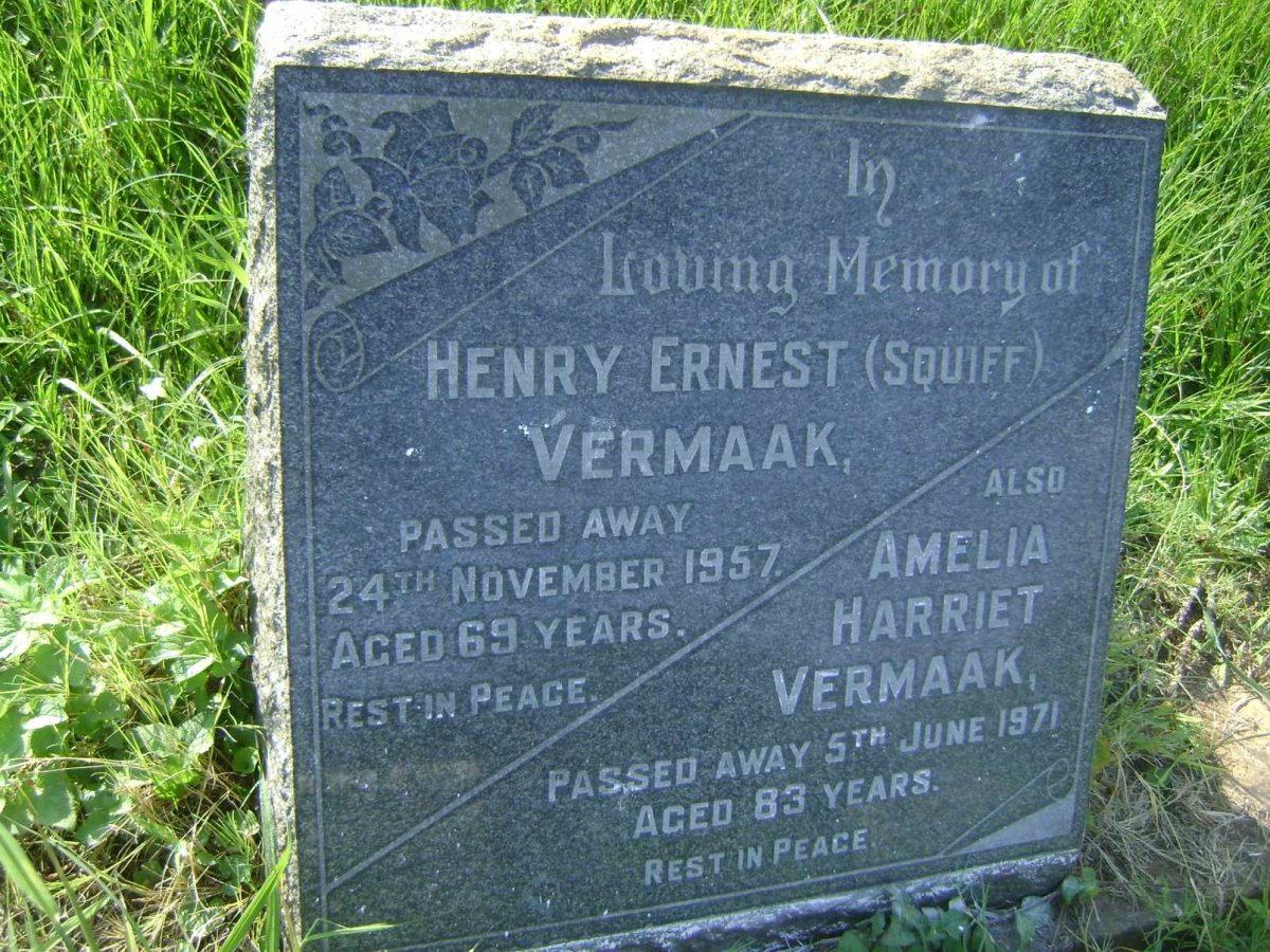 VERMAAK Henry Ernest -1957 &amp; Amelia Harriet -1971