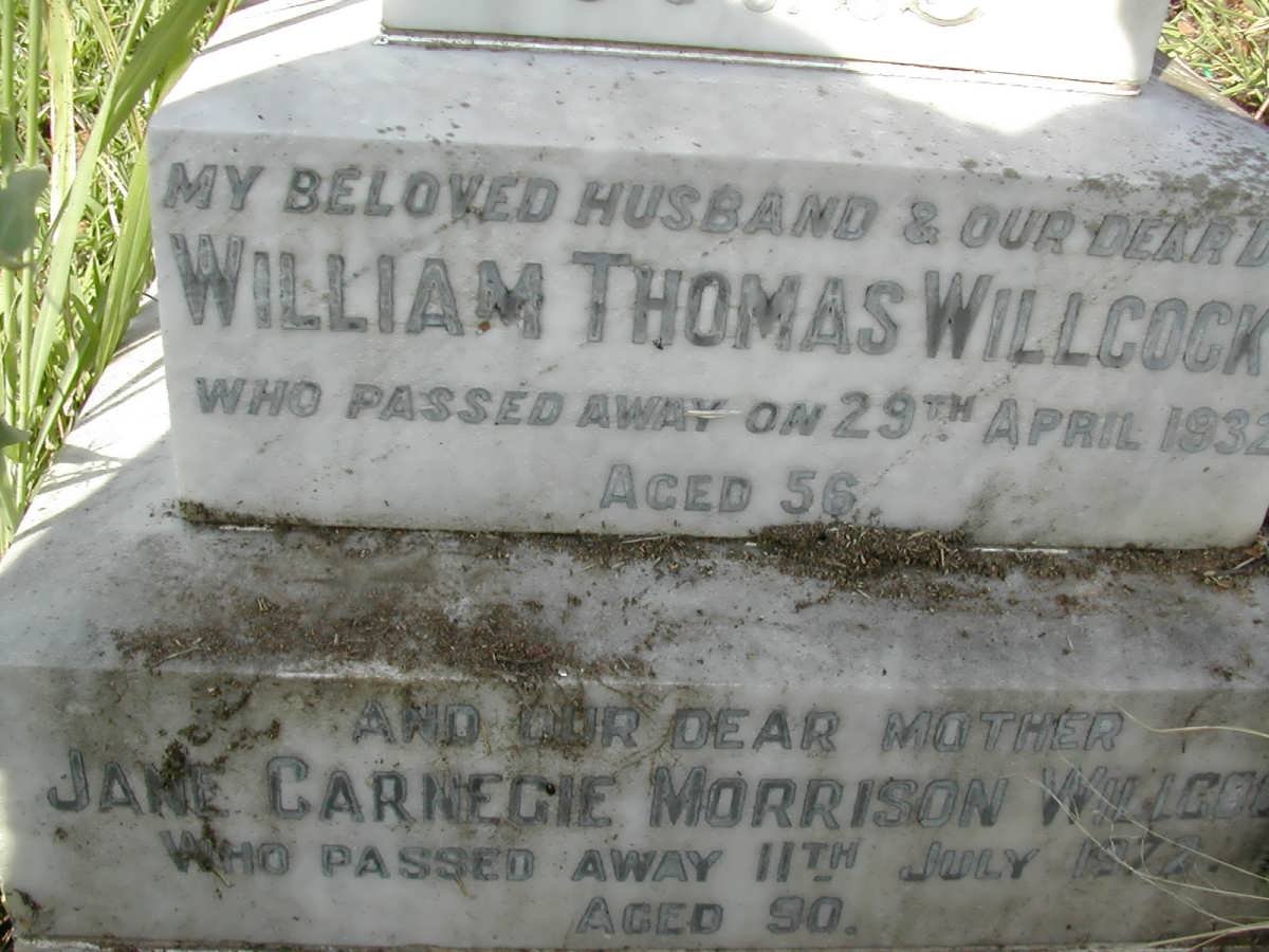 WILLCOCKS Willam Thomas -1932 &amp; Jane Carnegie Morrison -1978