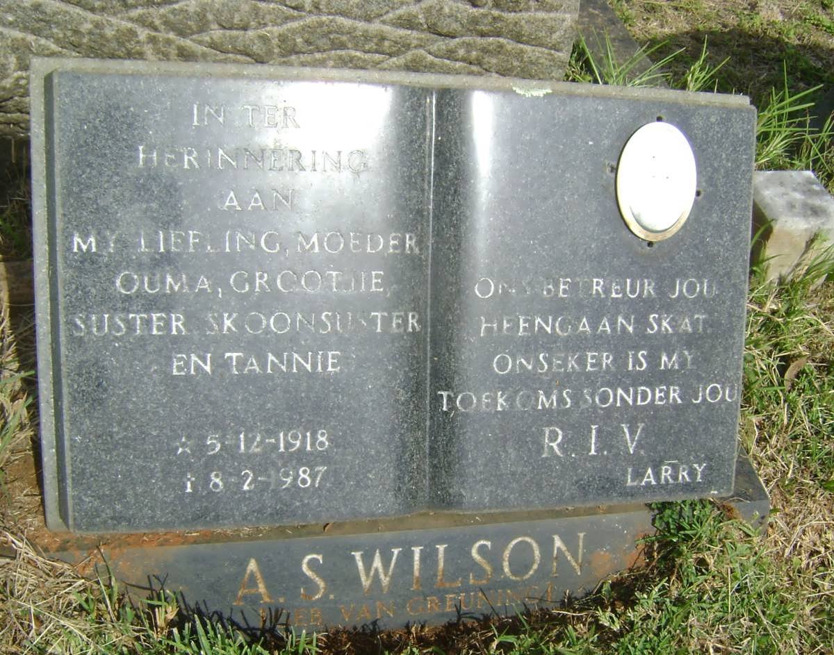 WILSON A.S. nee VAN GREUNING 1918-1987