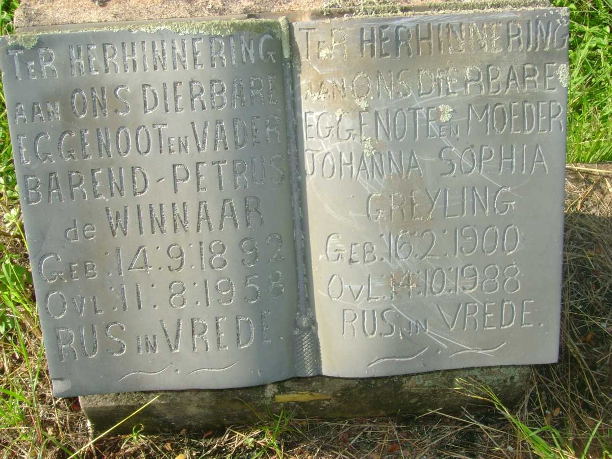 WINNAAR Barend Petrus, de 1892-1958 &amp; Johanna Sophia GREYLING 1900-1988