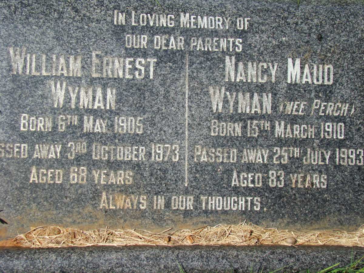 WYMAN William Ernest 1905-1973 &amp; Nancy Maud PERCH 1910-1993