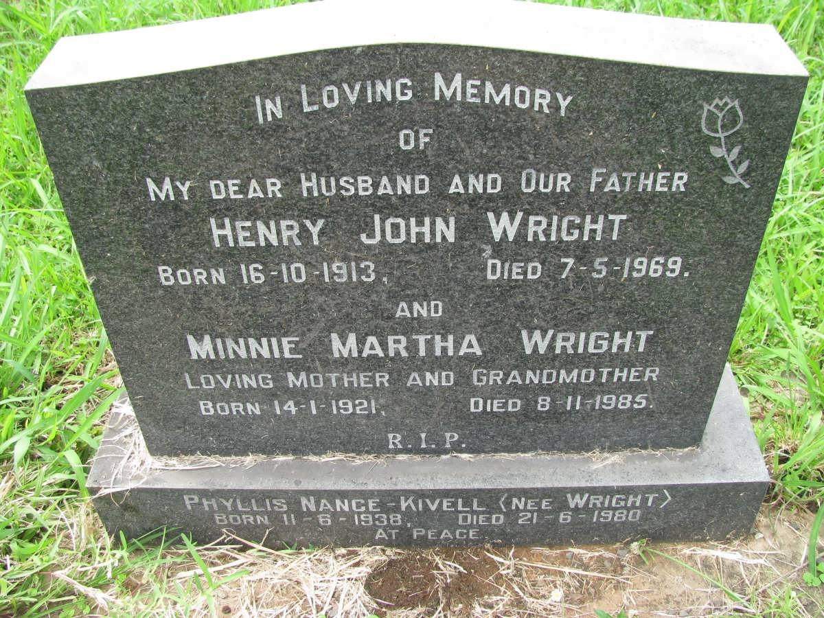 WRIGHT Henry John 1913-1969 &amp; Minnie Martha 1921-1985 :: KIVELL Phyllis, Nance nee WRIGHT 1938-1980 