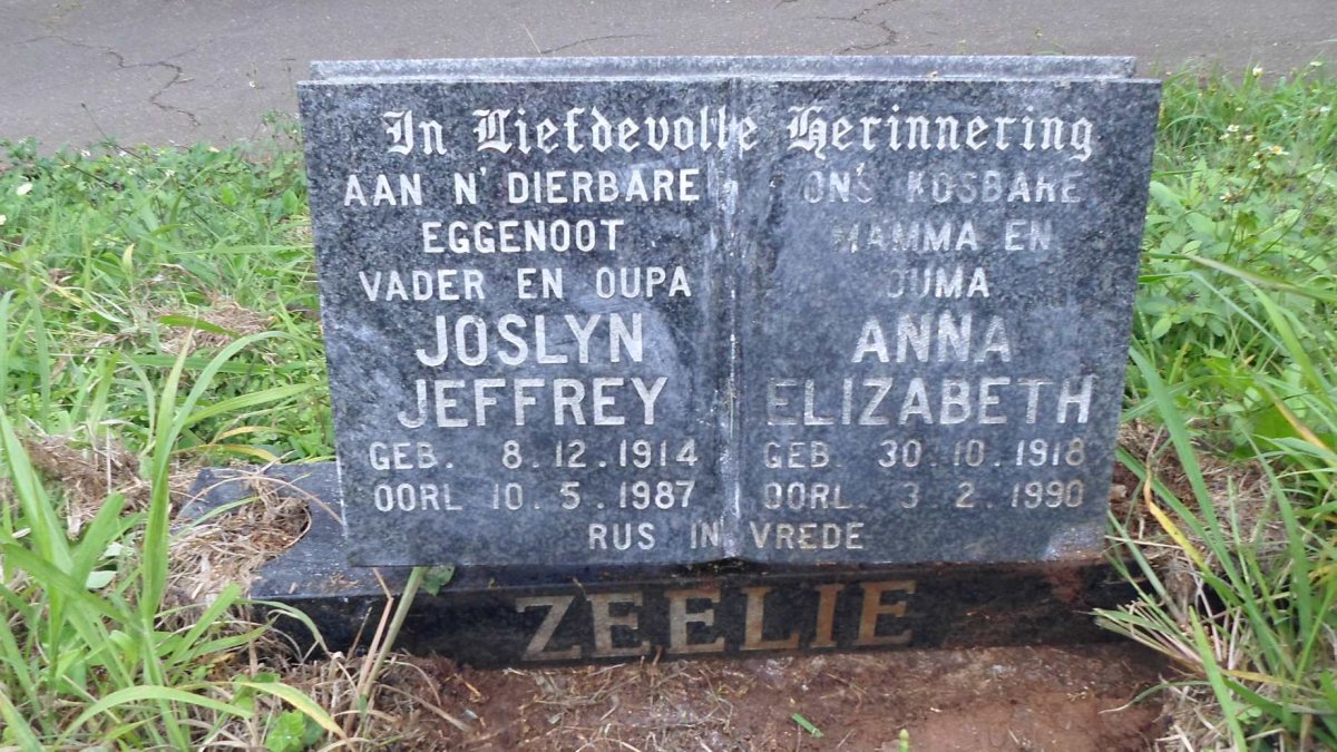 ZEELIE Joslyn Jeffrey 1914-1987 &amp; Anna Elizabeth 1918-1990