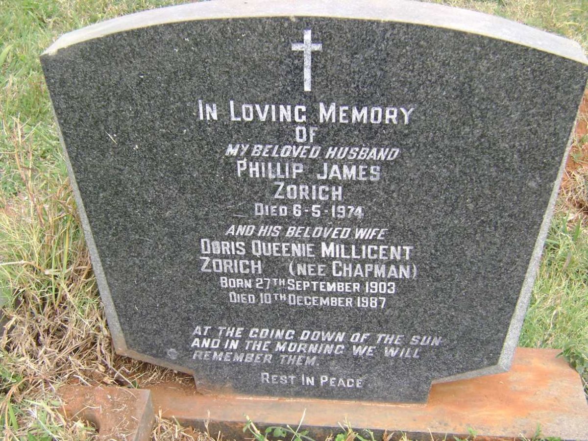 ZORICH Phillip James -1974 &amp; Doris Queenie Millicent CHAPMAN 1903-1987