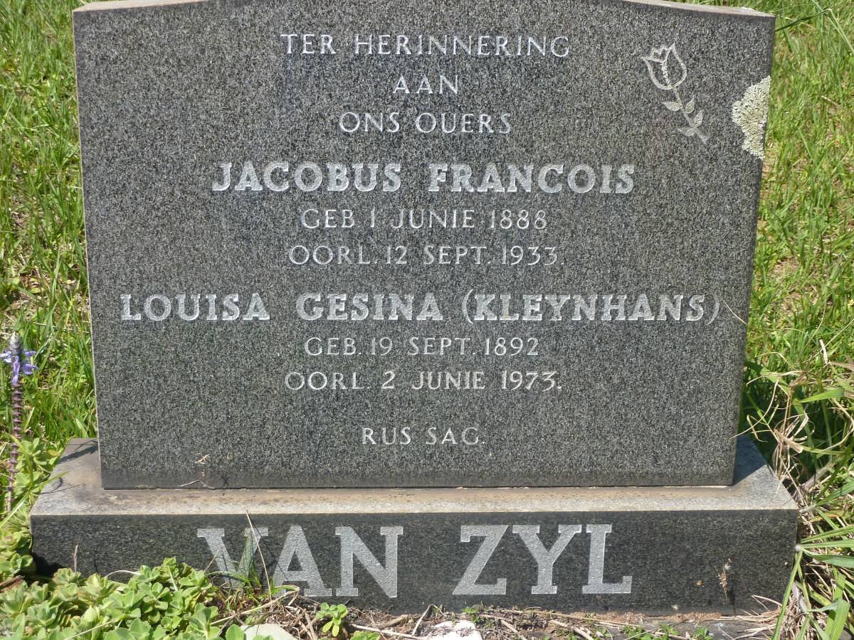 ZYL Jacobus Francois, van 1888-1933 &amp; Louisa Gesina KLEYNHANS 1892-1973